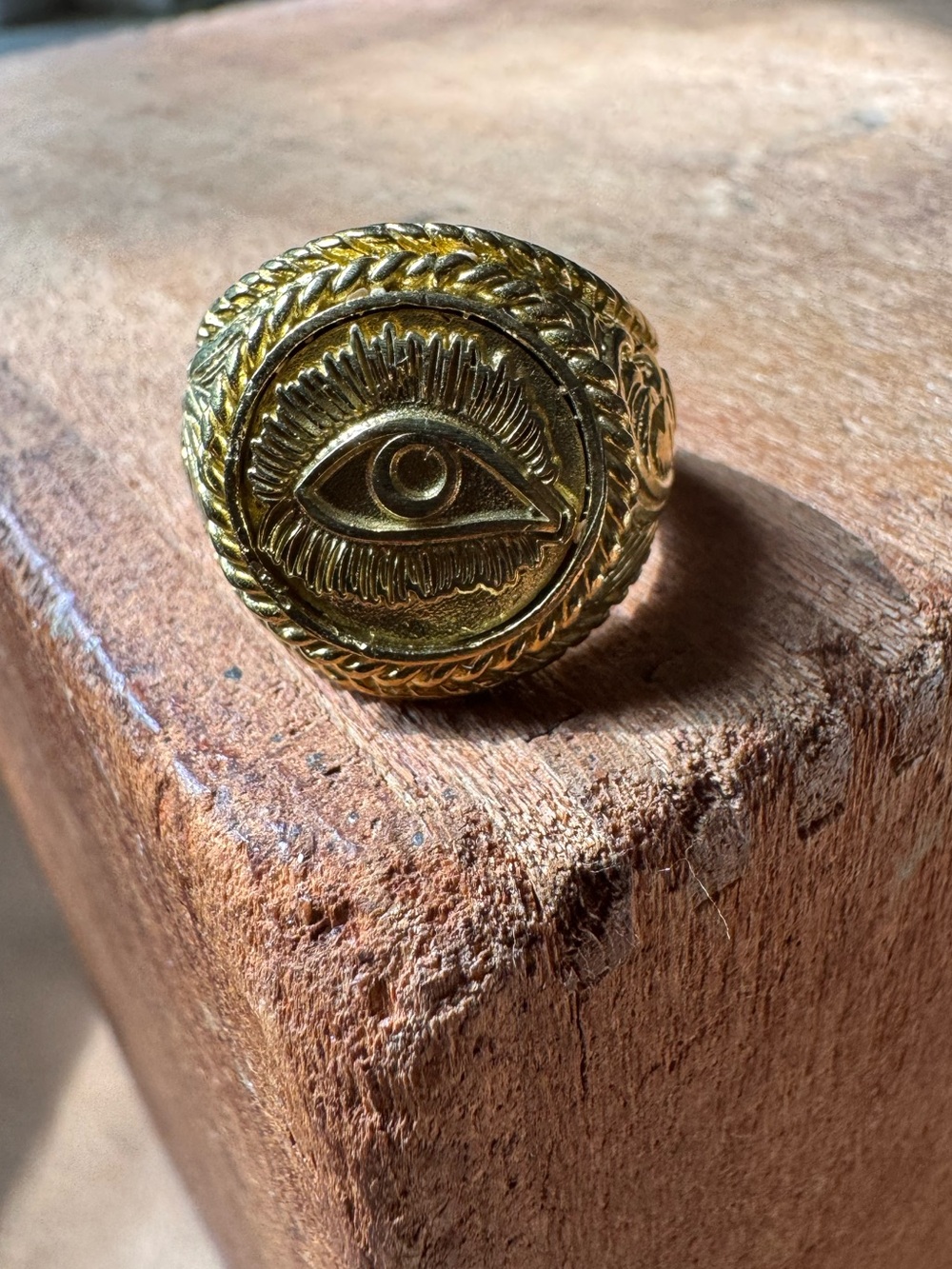 Evil eye signet round statement chunky ornate ring gold brass